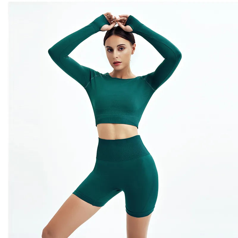 Ribbed Bra, Longsleeve, Shorts and Leggings Set